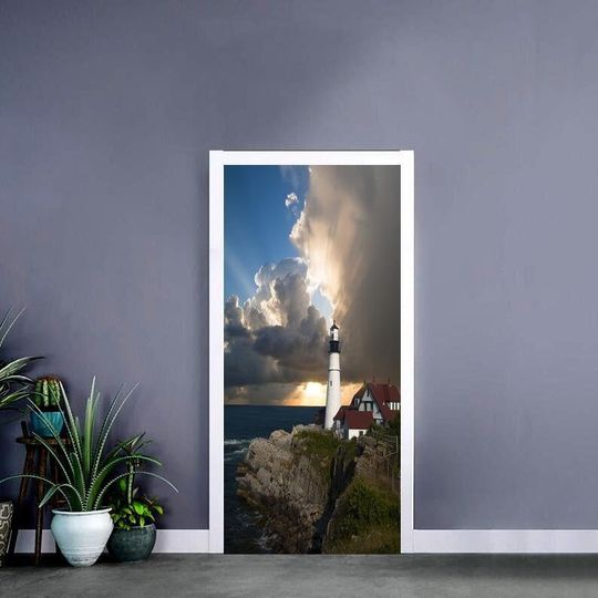 Discover Self-adhesive Door Lighthouse, Clouds, Ocean, Sea, Self-adhesive Door Sticker