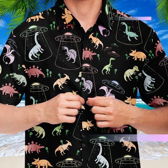 Discover Dinosaur Hawaiian Shirt, Alien UFO Button Up Shirt, Dinosaur Summer Shirt
