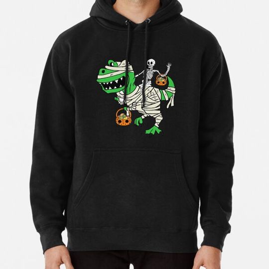Discover Skeleton Riding Dinosaur Bones Halloween Hoodies