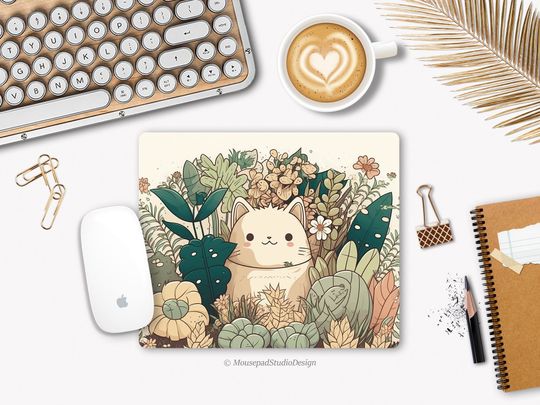 Discover Kawaii cat mouse pad with green plants background ideal for your desk or to make a gift