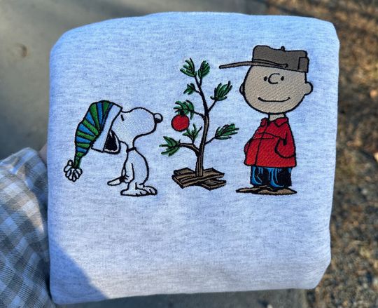 Discover Christmas Embroidery Sweatshirt, Charlie and Dog Christmas Embroidery Crewneck Sweatshirt, Embroidered Sweatshirt