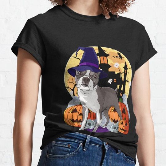 Discover Funny Halloween Boston Terrier Pumpkin Witch T-shirts