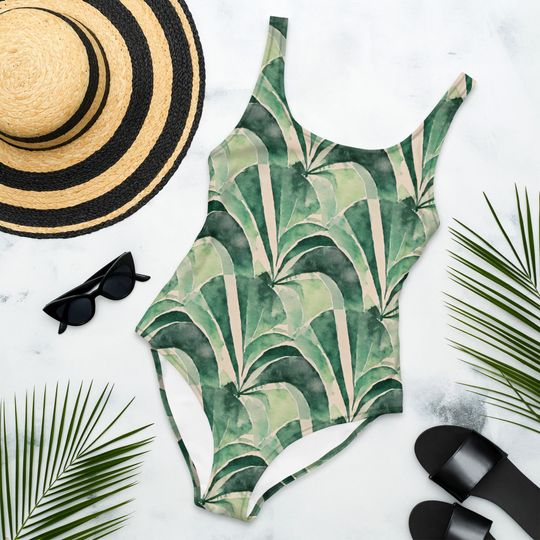 Discover Art Deco Green Shaded Bohemian Summer Swimsuit, One-Piece Women's Swimsuit