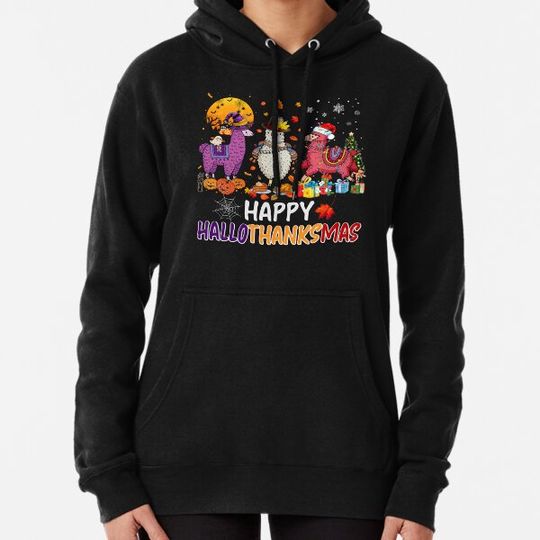 Discover Llama Happy Hallothanksmas Halloween Thanksgiving Xmas Hoodies