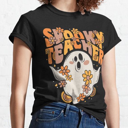Discover Spooky Teacher Groovy Ghost With Vintage Flowers Halloween T-Shirt T-shirts