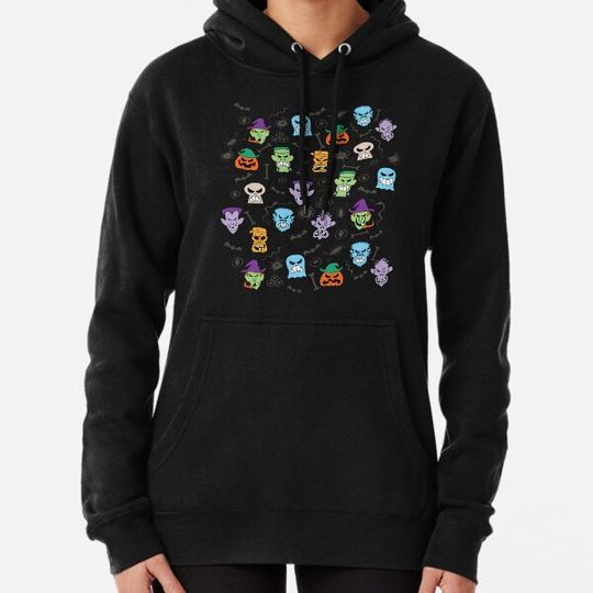 Discover Halloween characters making funny faces in a cool pattern design Hoodies