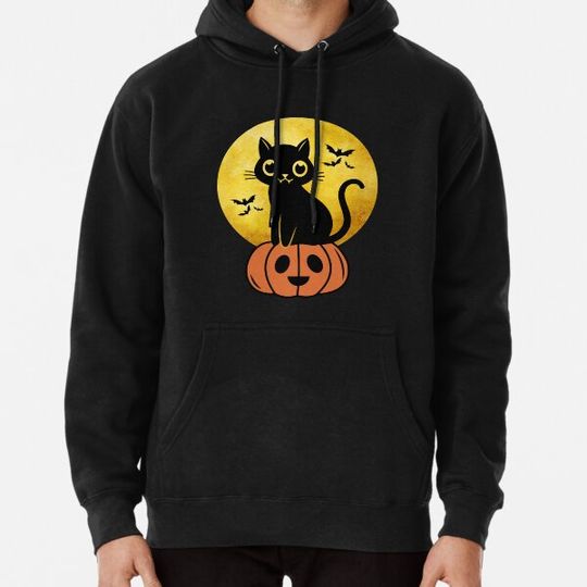 Discover Cute Halloween Black Cat Sitting On Pumpkin - Funny Halloween Kids Gift Hoodies