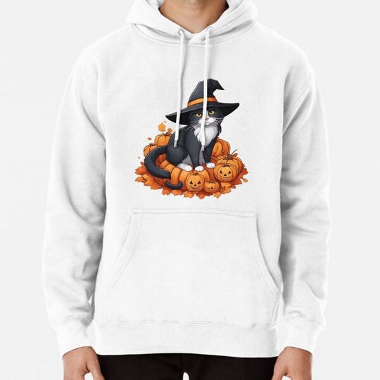 Discover Cat Black and White with Halloween Hat Soo Beautiful Hoodies