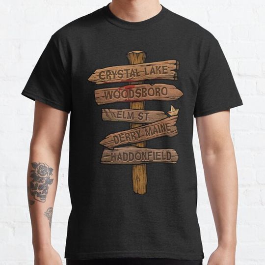 Discover Horror movie locations signs T-shirts