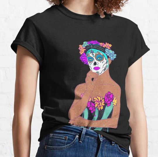 Discover Day of the Dead Dia de los muertos Lady in aqua blue and pink T-shirts