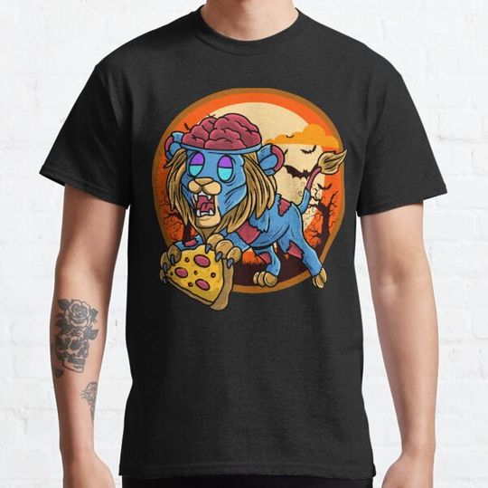 Discover Cute Spooky Halloween Zombie Lion with Pizza T-shirts