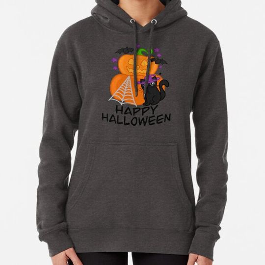 Discover Happy Halloween Jack-o'-lantern Black Cat and Bats Scene Hoodies