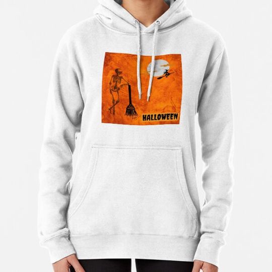Discover Halloween picture with a skeleton and a witch Hoodies