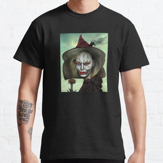 Discover halloween witch theme surrealist art in the styles of igor morski, jim warren, and a tim burton film, intricate, movie hyperrealistic, accurate facial details, profile picture with T-shirts