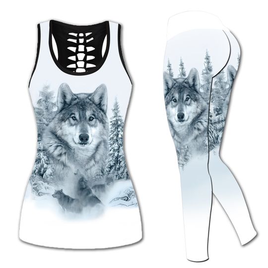 Discover Wolf Print Gym Yoga Hollow Tank Top Legging Sets