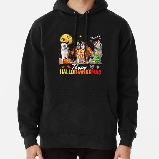 Discover Husky Dog Happy Hallothanksmas Halloween Thanksgiving Xmas Hoodies