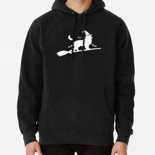 Discover Halloween Border Collie Dog Riding Witch Broom - Black Version Hoodies