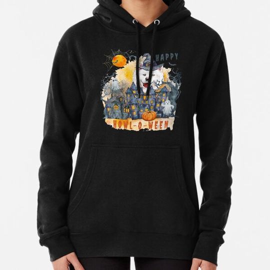 Discover Samoyed Happy Howl-o-ween Ghost Houses Funny Watercolor Hoodies