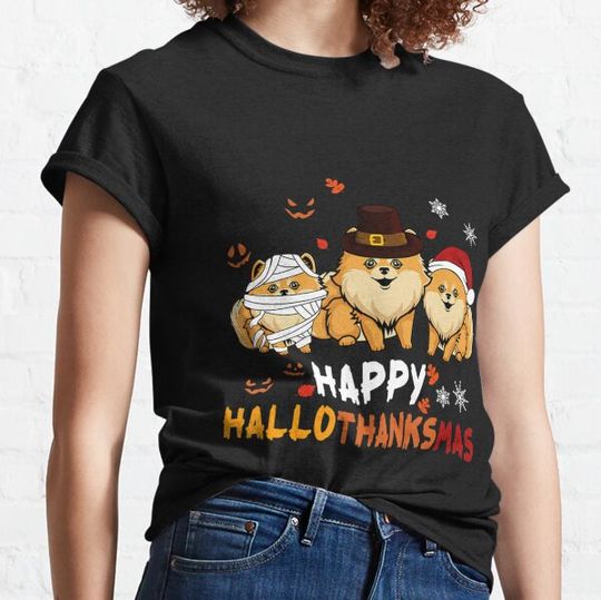 Discover Pomeranian Happy HalloThankmas Halloween Thanksgiving T-shirts