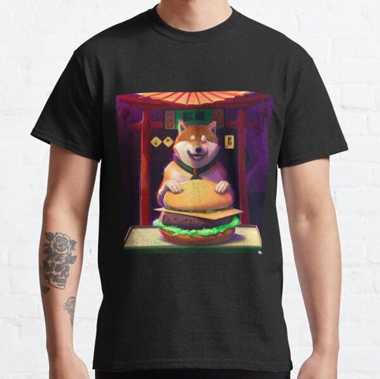 Discover Fortune-telling shiba inu reading your fate in a giant hamburger, digital art T-shirts