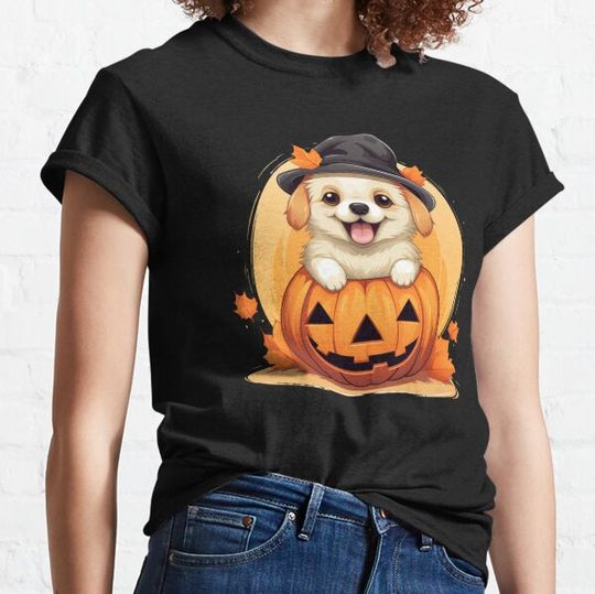 Discover Halloween pumpkin design with smiling cutie puppy T-shirts