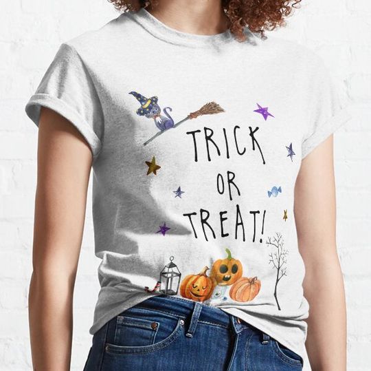 Discover Trick or Treat Halloween Black Cat and Pumpkins T-shirts