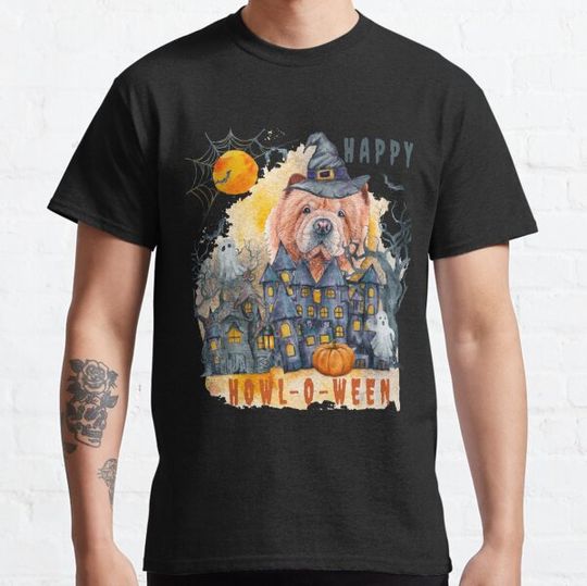 Discover Chow Chow Happy Howl-o-ween Ghost Houses Funny Watercolor T-shirts
