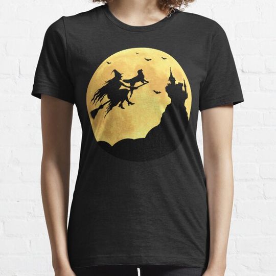 Discover Halloween Funny Golden Retriever Riding Broomstick With Witch T-shirts