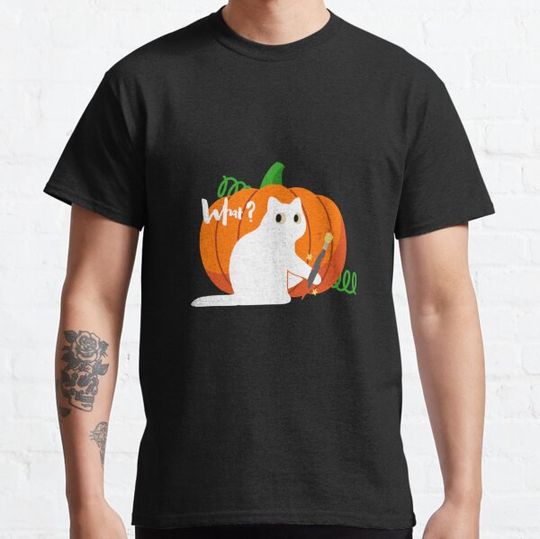Discover Cat What? White cat paints a pumpkin with a brush halloween T-shirts