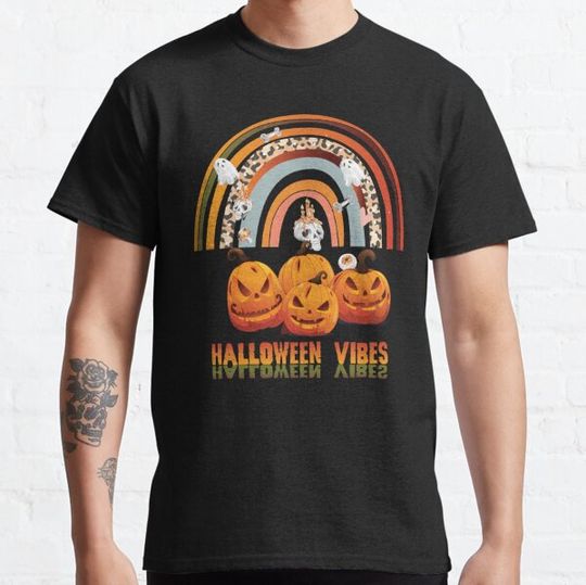 Discover halloween vibes pumpking rainbon, Gifts For Lovers HALLOWEEN Best Friend On Thanksgiving, GHOST MASK? tee design illustration T-shirts