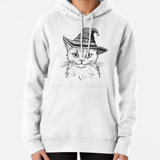 Discover Cat White with Witch Hat Line art Hoodies