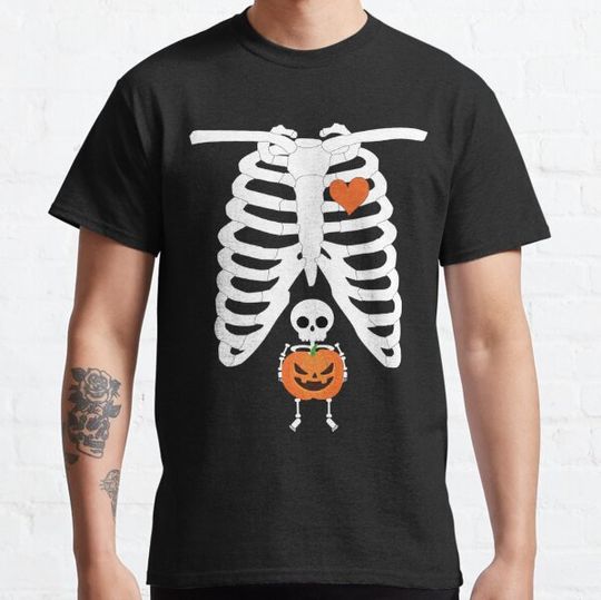 Discover Maternity Baby Skeleton Xray Rib Pumpkin Head Cute Halloween Pregnancy Baby Bump Tshirt T-shirts