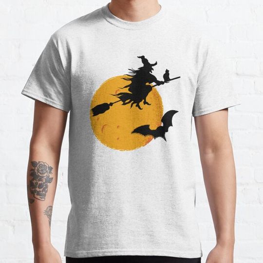 Discover happy halloween witch riding brooms on a dark desert highway T-shirts