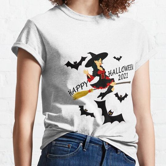 Discover Witch Girl Riding Brooms On A Dark Desert Happy Halloween T-shirts