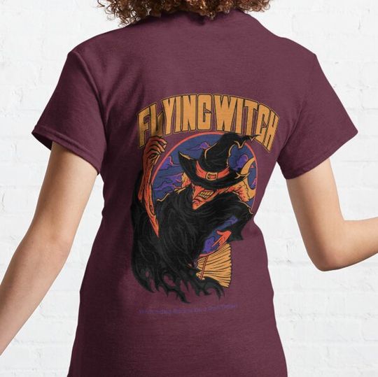 Discover happy halloween witch riding brooms on a dark desert highway T-shirts