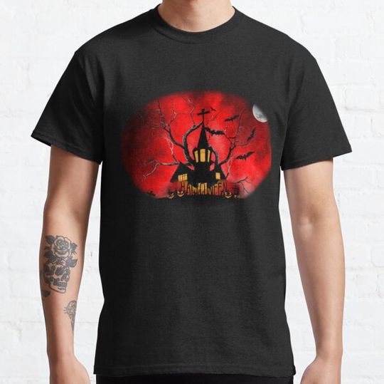 Discover Happy Halloween trick or treat flying full moon bats, Scary Pumpkin, Cross, House, Horror, Red Fog, Boo 2022 2023 T-shirts