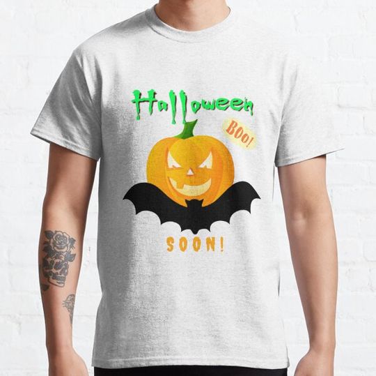 Discover Halloween Scary Evil Pumpkin Funny Pumpkin Head and Bat Soon Boo! T-shirts
