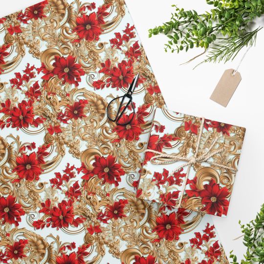 Discover Regal Christmas Poinsettias and Gold - Christmas Wrapping Paper