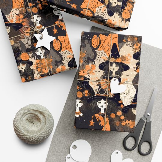 Discover Halloween Gift Wrapping Paper | Matching Tote Black Cat Witches Vintage Style Halloween Wrapping Paper