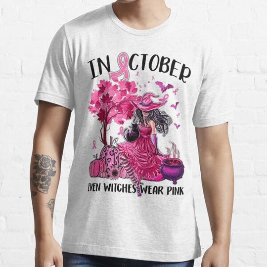 Discover In October Even Witches Wear Pink Autumn Fall Breast cancer T-shirts