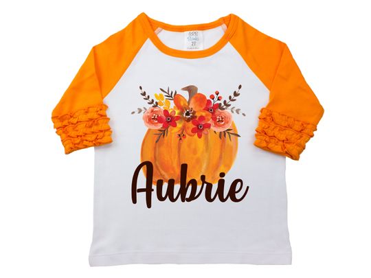 Discover Fall Floral Pumpkin Shirt Monogram Name Personalized Watercolor Floral Girl Shirt Orange Red Girly Pumpkin Halloween Thanksgiving