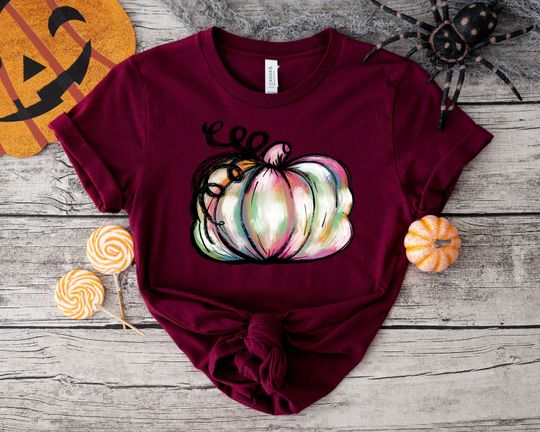 Discover Watercolor Pumpkin T-shirt, Colorful Pumpkin Shirt, Watercolor Pumpkins, Halloween Shirt, Autumn Shirt, Cute Fall Shirt, Gift For Halloween