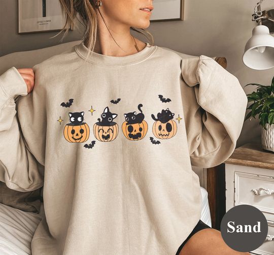 Discover Black Cat Pumpkin Halloween Sweatshirt