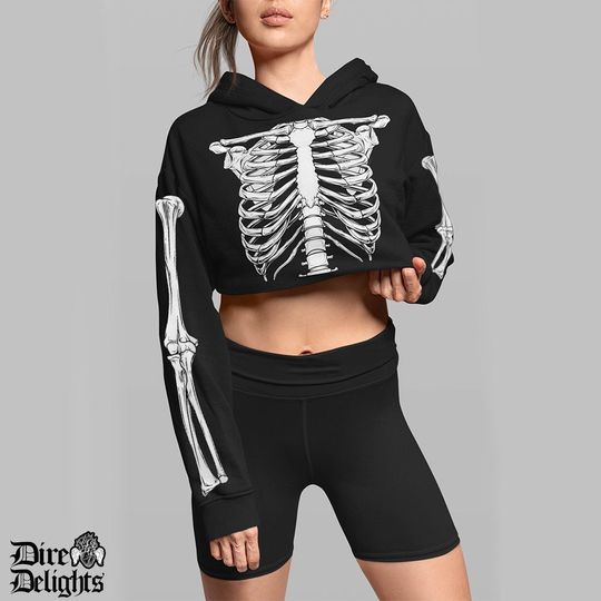 Discover Goth Skeleton Velvet Crop Hoodie,Bones Cropped Top, Punk Skeleton Sleeve, Gothic Harajuku Top,Urban Techwear Clothing,Witch Halloween Hoodie