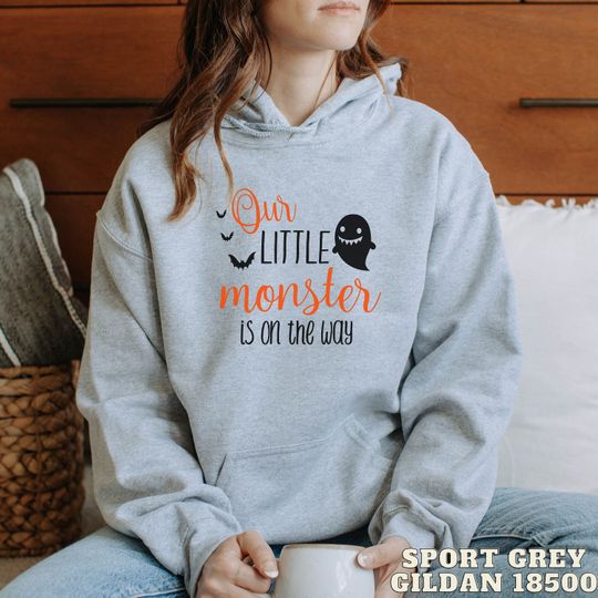 Discover Our Little Monster Is On The Way Halloween Pregnancy Announcement Hoodie Fall Pregnancy Reveal Baby Announcement Funny New Mom Sweater