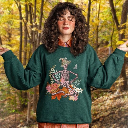 Discover Cottagecore Clothes Mushroom Clothing Plant Sweatshirt Goblincore Dancing Skeleton Halloween Crewneck Floral Sweatshirt Fairycore Clothing