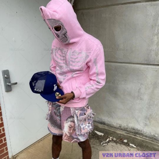 Discover Rhinestone Skeleton Full Zip Up Hoodie, Y2K Unisex High Street Streetwear Hip Hop Hooded Sweatshirt Zip Up Hooded Coat Y2K Harajuku Clothing
