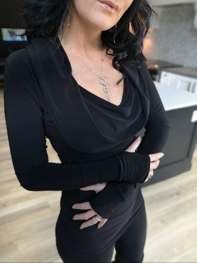 Discover Black hoodie, gorgeous fitted long sleeve hoodie that can be worn as a cowl neck, off the shoulders, or hooded over the head.