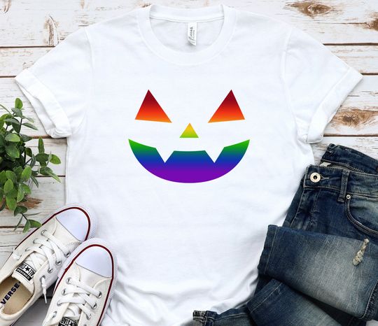 Discover Rainbow Vampire Pumpkin Face Shirt, Rainbow Jack-o-lantern face, Vampire Pumpkin shirt, Halloween Costume Shirt, LGBTQ jack o lantern shirt