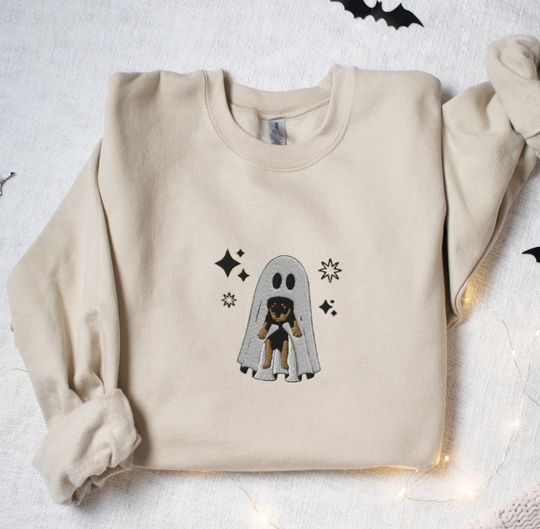 Discover Embroidered Rottweiler Halloween Sweatshirt, Rottie Mom Shirt, Cute Ghost Holding Puppy Crewneck, Spooky Season Dog Sweater, Fall Dog Shirt
